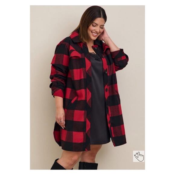 Torrid Black&Red Plaid Wool Relaxed Shacket Sz.2 NWT - Picture 2 of 16